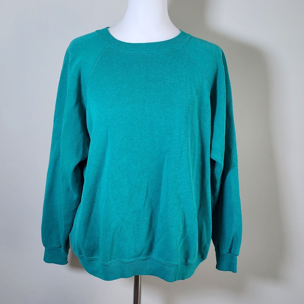Vintage 90s Hanes Her Way Sweatshirt Womens Large Teal Raglan Sleeve USA Made